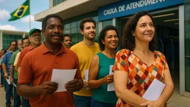 Cena de trabalhadores brasileiros em fila na frente de agência bancária aguardando o PIS PASEP 2026, com bandeira do Brasil ao fundo.