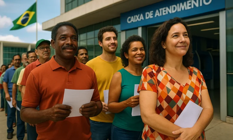 Cena de trabalhadores brasileiros em fila na frente de agência bancária aguardando o PIS PASEP 2026, com bandeira do Brasil ao fundo.