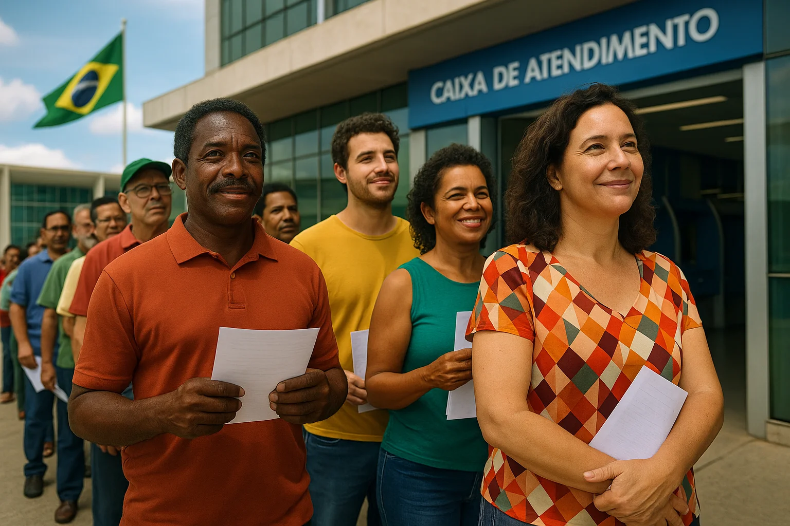 Cena de trabalhadores brasileiros em fila na frente de agência bancária aguardando o PIS PASEP 2026, com bandeira do Brasil ao fundo.