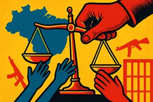 Ilustração de balança da justiça desequilibrada por governantes, simbolizando falhas na segurança com mapas e armas ao fundo, destacando 'lewandowski critica governadores falha'.