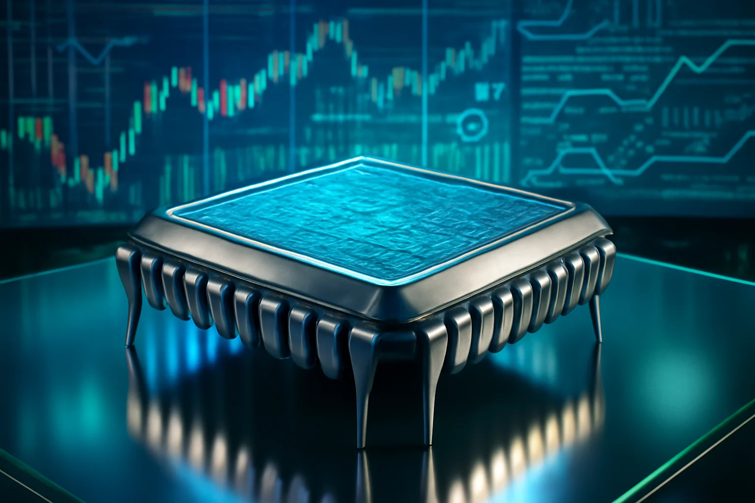 Imagem de um chip gigante Nvidia foco mercado IA sobre mesa de vidro, com gráficos financeiros ao fundo.