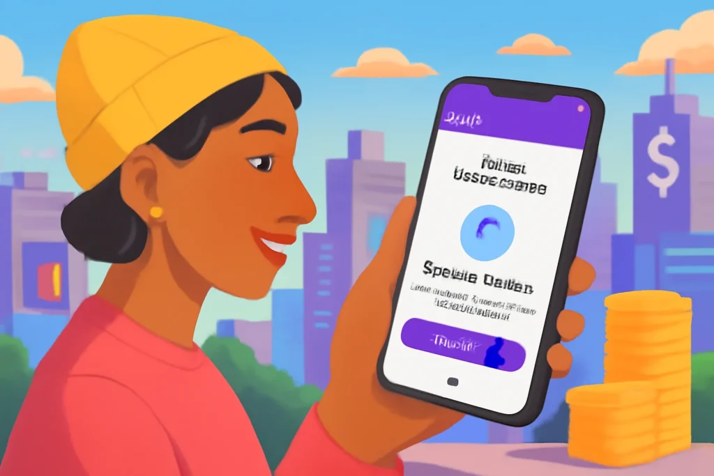 Pessoa usando celular com aplicativo Nubank mostrando a funcionalidade Missão Limite, fundo urbano com elementos financeiros vibrantes