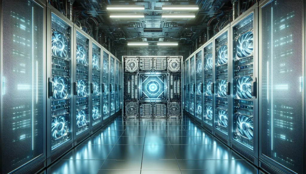 Imagem de uma sala de servidores da Nvidia com GPUs em destaque, iluminação azulada e ambiente futurista, simbolizando o lucro Nvidia dispara 65%.