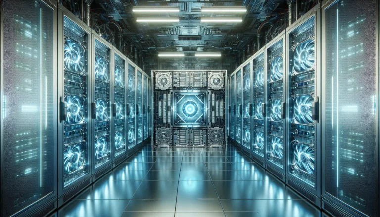 Imagem de uma sala de servidores da Nvidia com GPUs em destaque, iluminação azulada e ambiente futurista, simbolizando o lucro Nvidia dispara 65%.