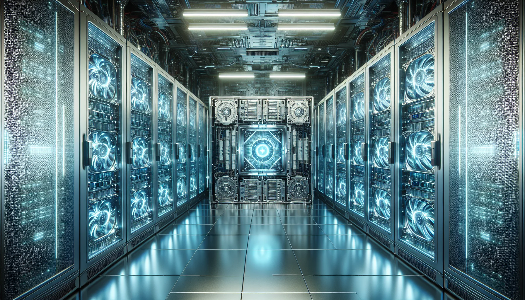 Imagem de uma sala de servidores da Nvidia com GPUs em destaque, iluminação azulada e ambiente futurista, simbolizando o lucro Nvidia dispara 65%.