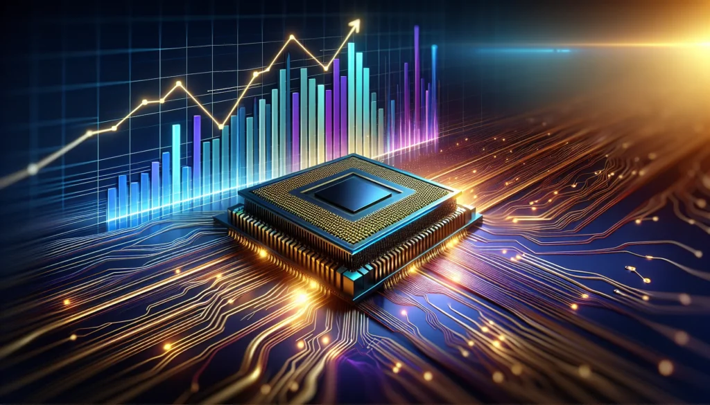 GPU gigante com circuitos conectados a gráficos de barras e linhas, cores vibrantes destacando Nvidia dispara lucro e receita