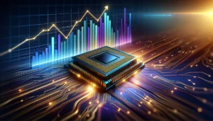 GPU gigante com circuitos conectados a gráficos de barras e linhas, cores vibrantes destacando Nvidia dispara lucro e receita